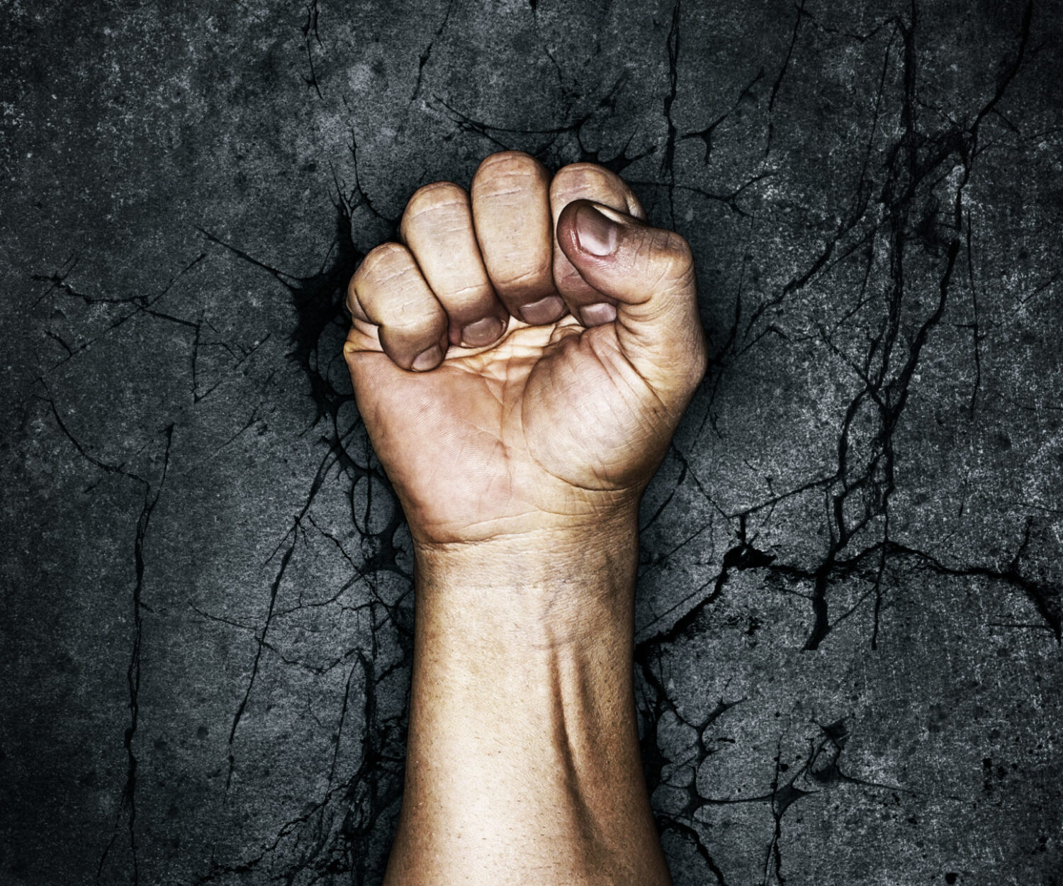 Grungy fist raised in protest