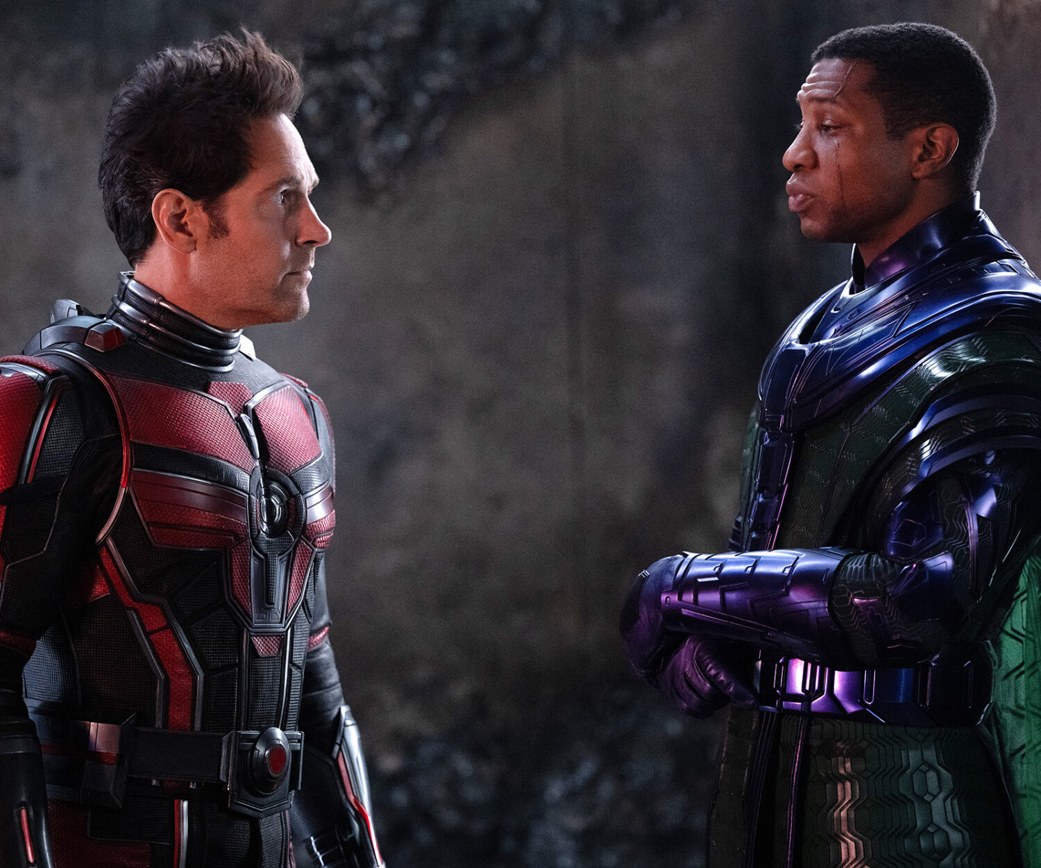 Paul Rudd as Scott Lang/Ant-Man and Jonathan Majors as Kang the Conqueror in Marvel Studios' ANT-MAN AND THE WASP: QUANTUMANIA. Photo by Jay Maidment. © 2022 MARVEL.