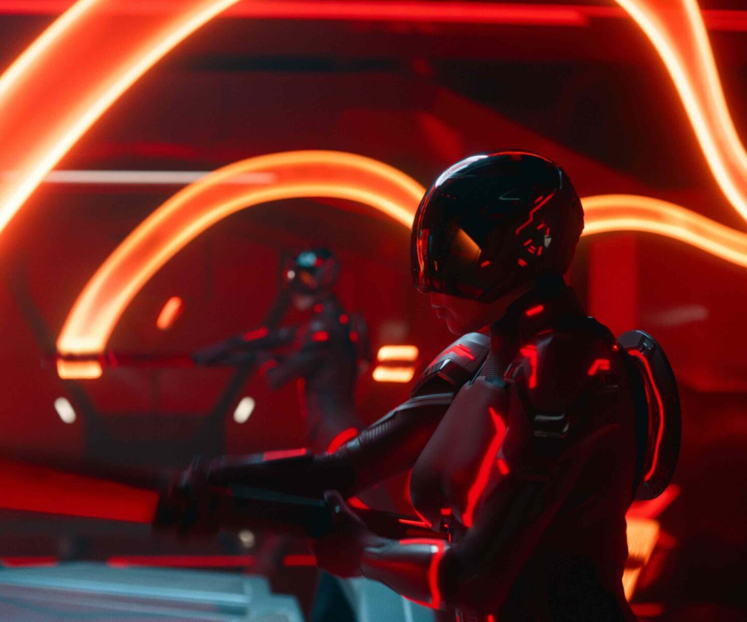 A scene from Disney's Live Action TRON: ARES.  Photo Courtesey of DIsney. © 2025 Disney Enterprises, Inc. All Rights Reserved.